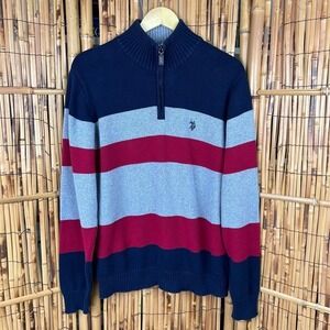 US Polo Assn Mens Large 1/4 Zip LS Sweater Navy Red Gray Stripe Preppy Rugby